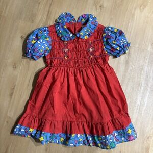 VTG JM RAGS Girls Smocked Dress Size 6 Ruffles Collar 80s Puffy Sleeves Red
